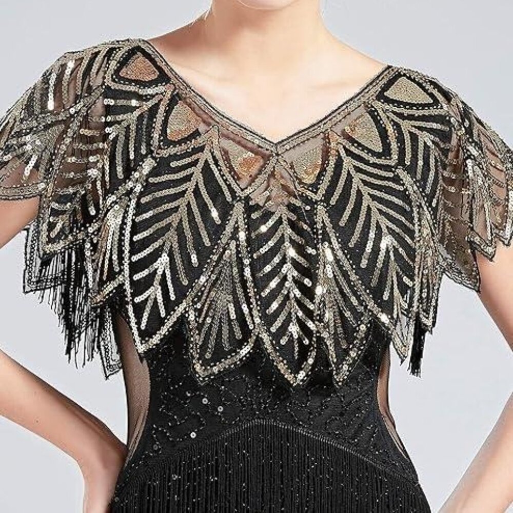 Black and Gold Sequin Fringe Evening Shawl Wrap